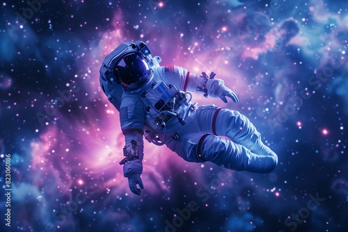 AI generated illustration of an astronaut drifting in space with vibrant purple and blue nebulas