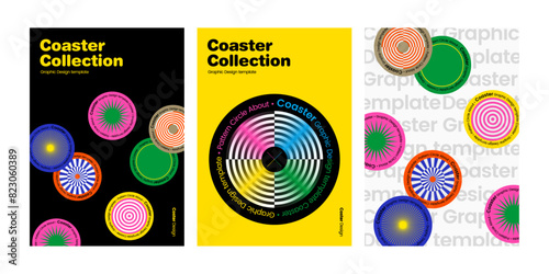 Template poster design circle coaster collection graphic design wrapper dartboard target board vinyl recode style element geometric abstract colorful vivid radial star circular print layout typography
