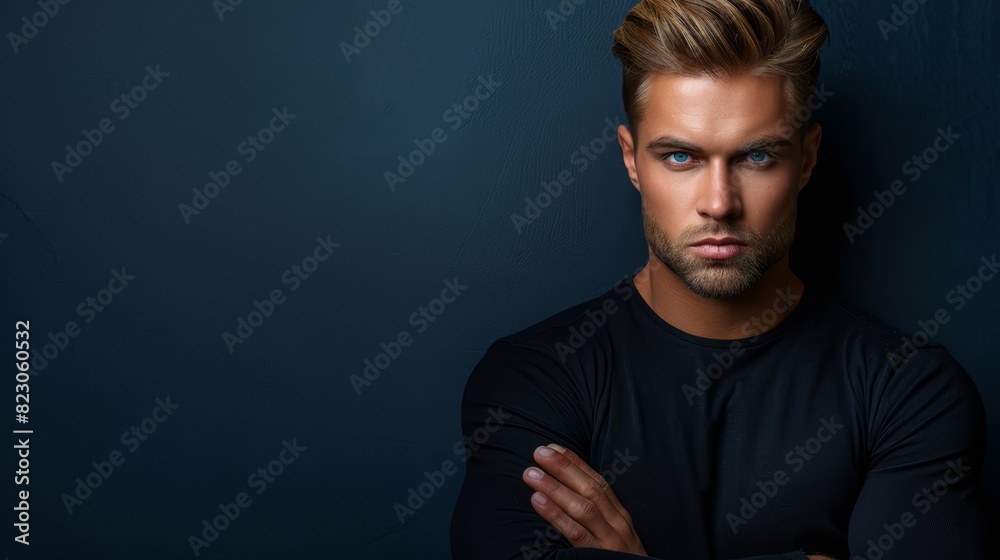 Naklejka premium A man, arms crossed, stands before a blue wall His crossed arms are positioned in front of him