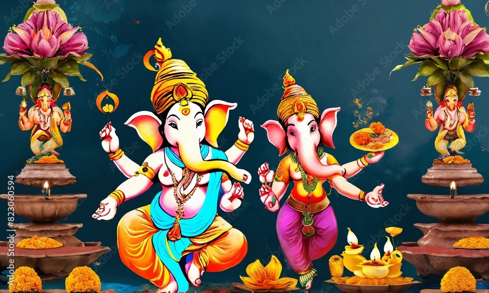 Naklejka premium Ganesha Festival, Lord Ganesha statue on colorful background