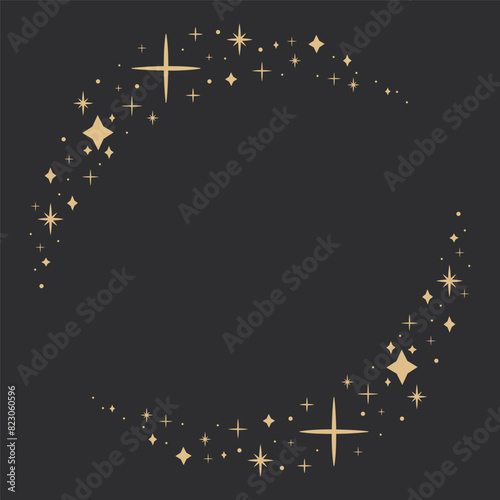 Gold star arch celestial frame, blink star mystic ornament corner, shiny minimal decoration on dark background. Shiny elements, starry and dots silhouettes. Comets stars and abstract constellations.