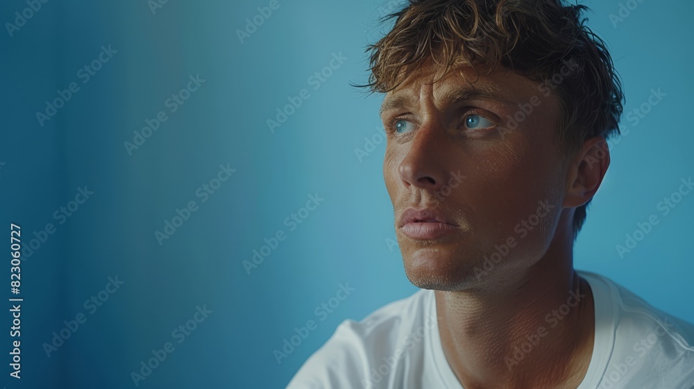 Obraz premium A tight shot of someone in a white T-shirt, gazing off-camera with a grave expression