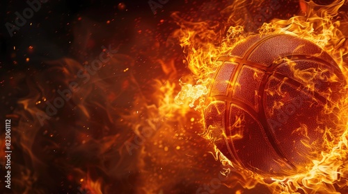 A close-up view of a basketball engulfed in vibrant flames against a pitch-black background, capturing the dynamic motion and intensity of the sport © Ratchpon