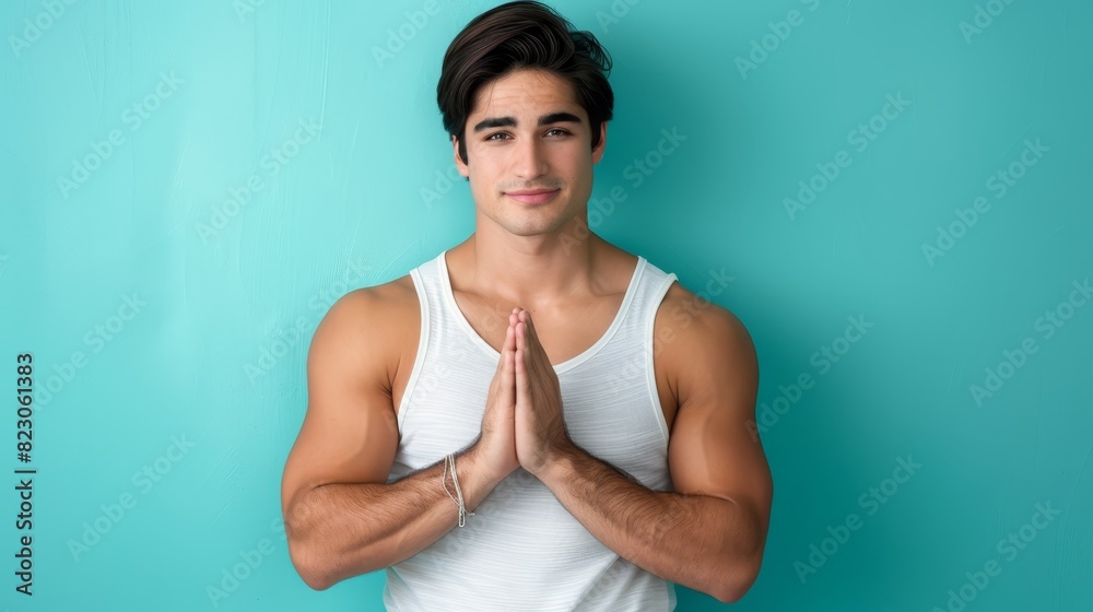 A man in a tank top stands before a blue wall, hands folded across his chest A man in a tank top stands before a blue wall, hands folded across his chest