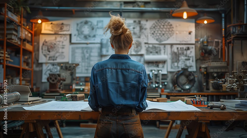 Back of young female engineer working on electrical engineering drawing in modern industrial office. Generative AI illustration Back of young female engineer working on electrical engineering drawing in modern industrial office. Generative AI illustration