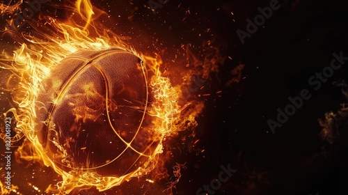 An intense image of a basketball ablaze with flames, the bright fire starkly contrasting with the deep black background, showcasing the thrill and heat of the game