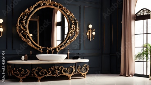 the inside of a restroom Elegant Home Decor, generative, opulent bathroom vanity with dark, elegant color scheme, sophisticated bathroom interior with bowl sink and ornate mirror 