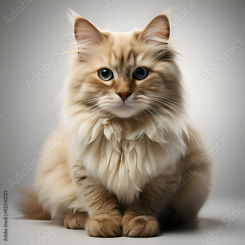 Siberian cat sitting and looking at the camera on gray background