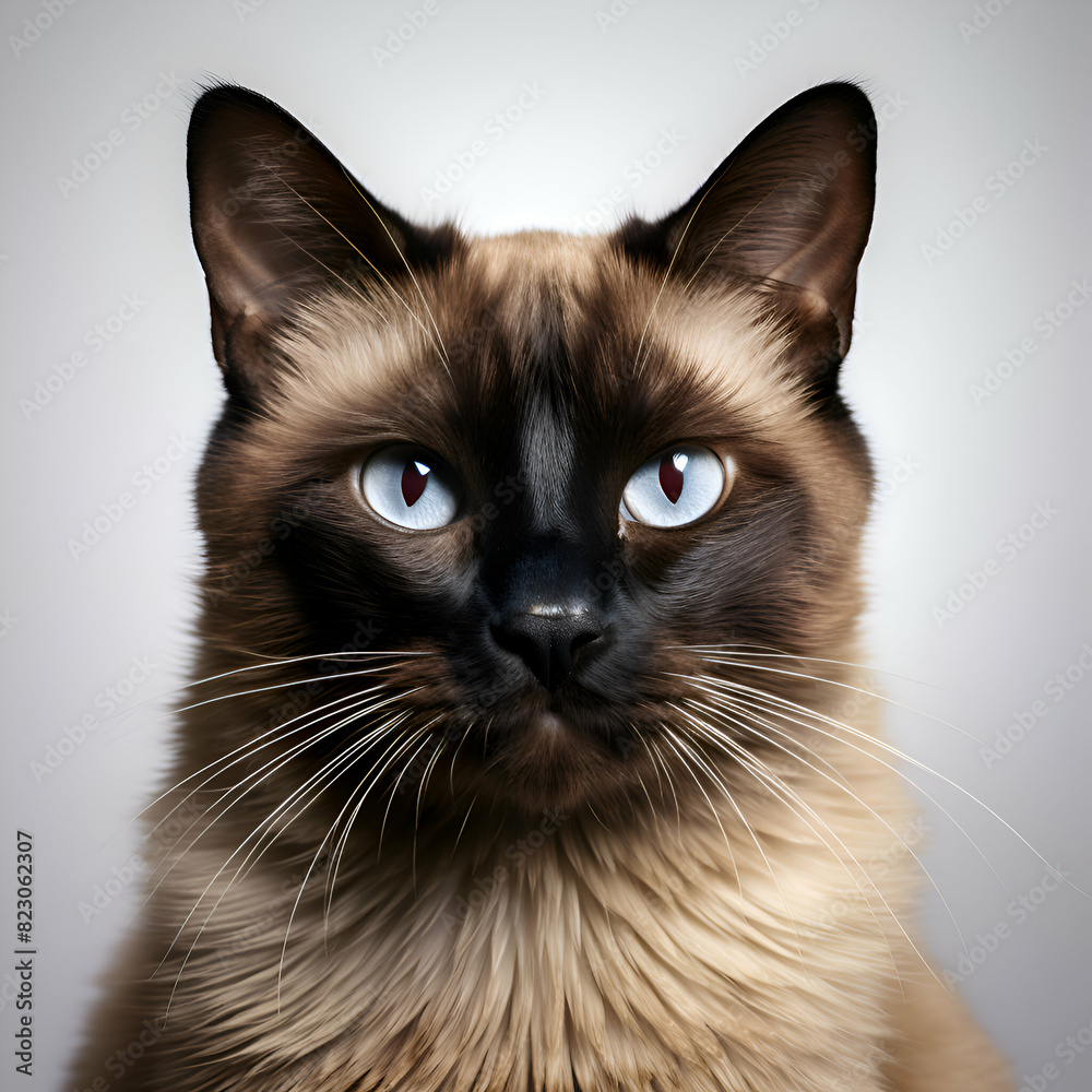 Portrait of a Siamese cat with blue eyes on grey background