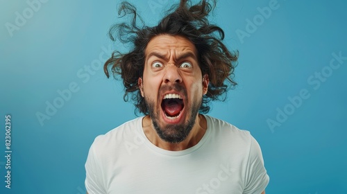  A man with long hair and beard, eyebrows raised in shock, mouth agape, hair billowing in the wind photo