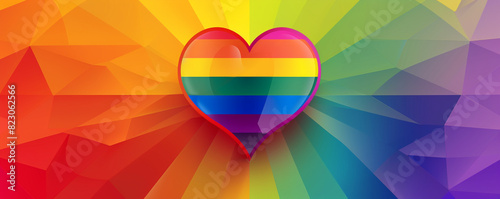 Gradient background in Pride flag colors with a central heart in rainbow colors, customizable for text.