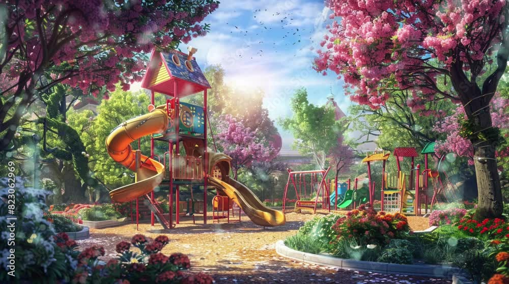 a playground decorated with beautiful cherry trees. Japanese and children's themes. 4k background digital animation video that runs smoothly and loops
