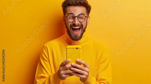  A man, wearing a yellow sweater, gazes at his cell phone with surprise © Mikus