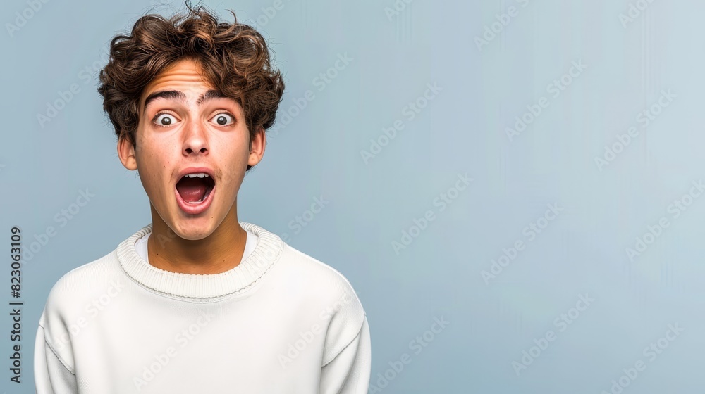 A shocked young man with widened mouth and eyes, against a blue backdrop A shocked young man with widened mouth and eyes, against a blue backdrop