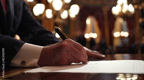 Politician Signing Legislation: In a formal ceremony, a politician signs new legislation into law, marking a significant achievement in their political career 