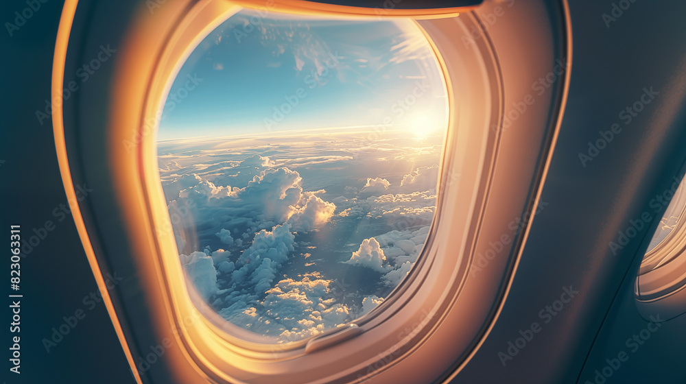 view from airplane window with clouds and sun view from airplane window with clouds and sun