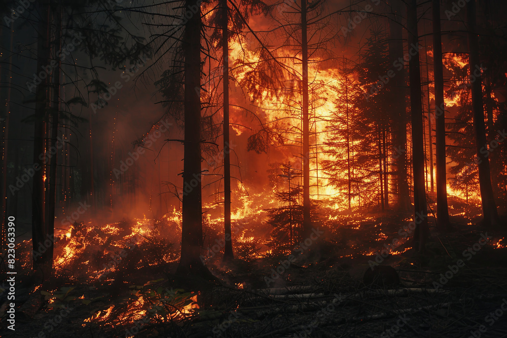 Ominous scene of raging forest fire consuming trees Ominous scene of raging forest fire consuming trees