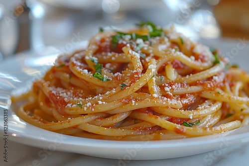 Bucatini all'Amatriciana: Bucatini pasta with a rich tomato and guanciale sauce, garnished with Pecorino Romano.