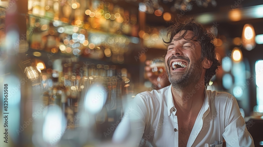 A man laughs in a bar, surrounded by numerous wall lights, holding a glass of beer in the foreground A man laughs in a bar, surrounded by numerous wall lights, holding a glass of beer in the foreground