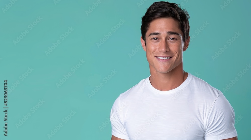 A man, clad in a white T-shirt, grins as he casually places hands in pockets for a photograph A man, clad in a white T-shirt, grins as he casually places hands in pockets for a photograph
