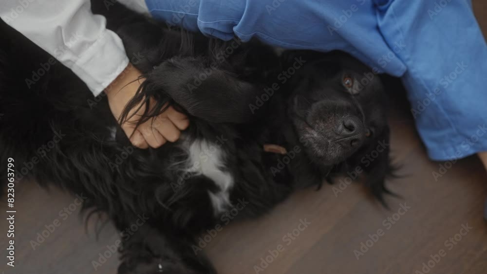 A woman and her labrador lying indoors at a veterinary clinic, showcasing a warm and comforting environment. A woman and her labrador lying indoors at a veterinary clinic, showcasing a warm and comforting environment.
