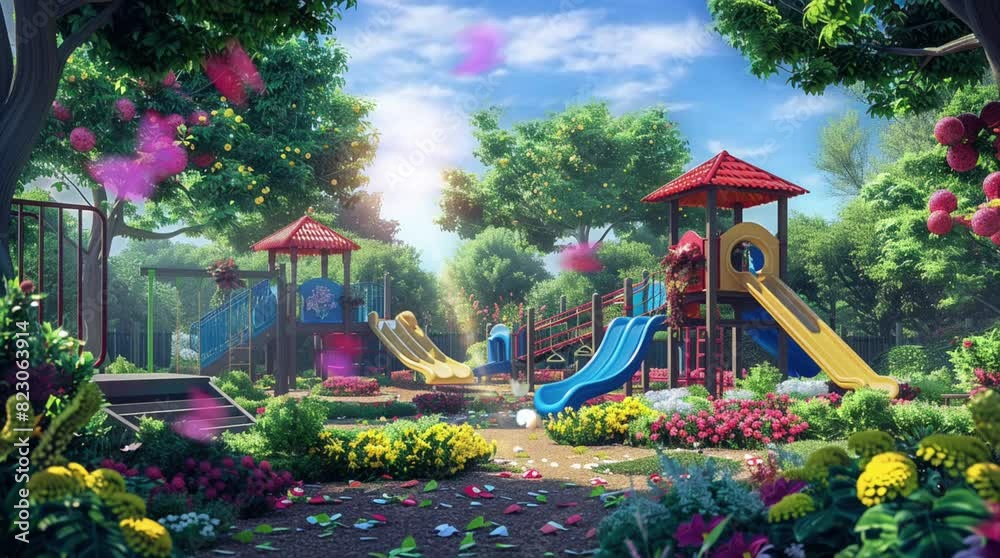 a fantasy-themed playground decorated with trees and cherry trees. Japanese and children's themes. 4k background digital animation video that runs smoothly and loops