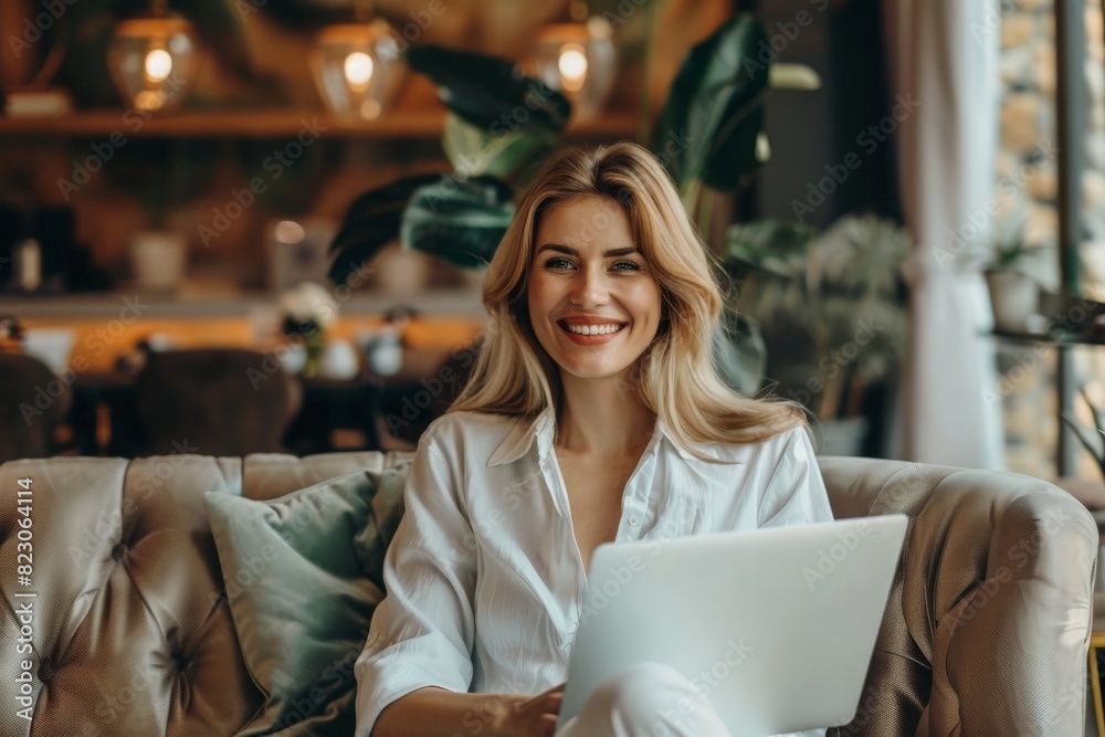 Happy businesswoman sitting with laptop on sofa in office Happy businesswoman sitting with laptop on sofa in office