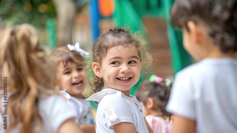 Group of happy young children playing together outdoors on a playground