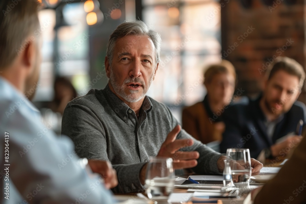 Mature man speaking in a business meeting 
