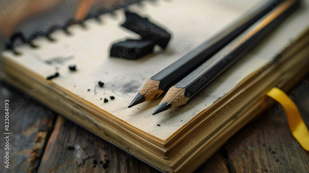 Obraz premium Black pencils and sketchbook on rustic wood. Black pencils and a well-used sketchbook rest on a rustic wood table, capturing the essence of creativity and inspiration.