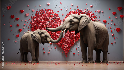 There are three elephants in front of a wall of red heart-shaped balloons.