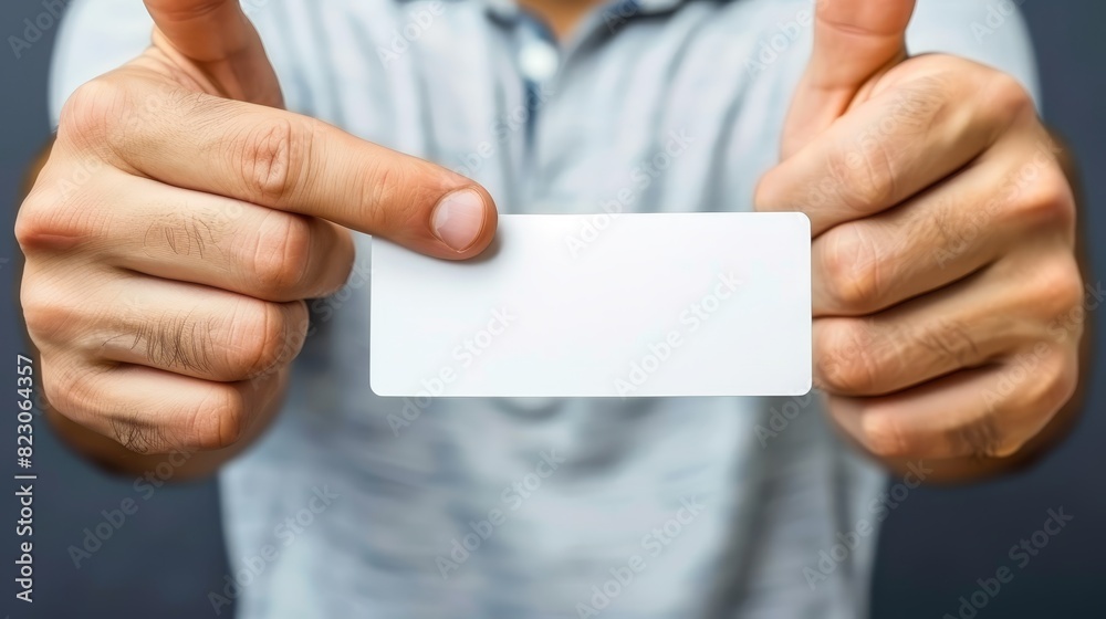 A man, right hand holding a white business card aloft, left hand extending a thumbs-up A man, right hand holding a white business card aloft, left hand extending a thumbs-up