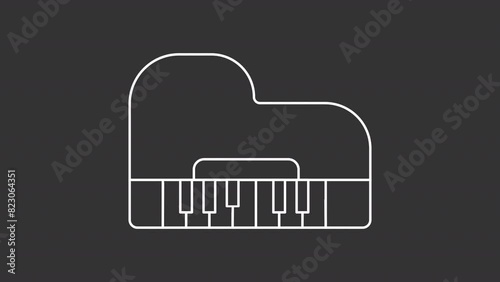 Animated grand piano white icon. Fortepiano keyboard line animation. Musical instrument keys pressing. Isolated illustration on dark background. Transition alpha video. Motion graphic photo
