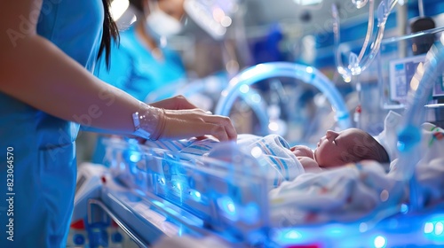 Nurse Caring for Newborn in Neonatal Intensive Care Unit with Incubator and Medical Equipment