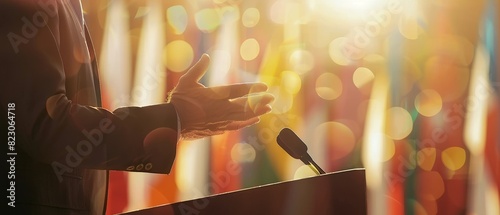 A leaders hands moving expressively while speaking on Independence Day, podium and microphone in focus, blurred flags and golden sunlight lens flare photo