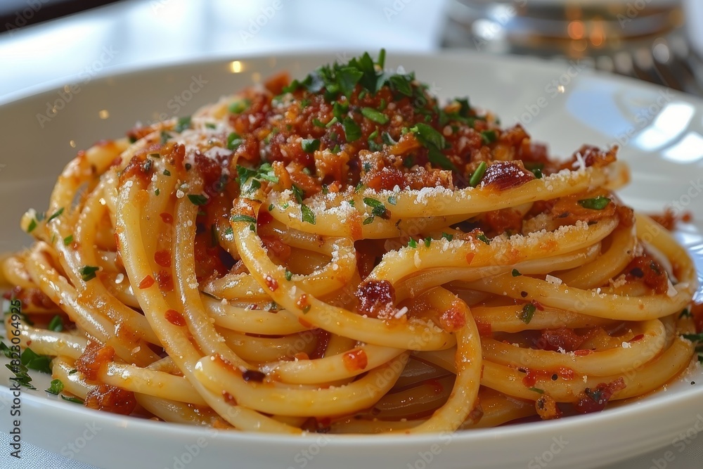 Bucatini all'Amatriciana: Bucatini pasta with a rich tomato and guanciale sauce, garnished with Pecorino Romano. Bucatini all'Amatriciana: Bucatini pasta with a rich tomato and guanciale sauce, garnished with Pecorino Romano.