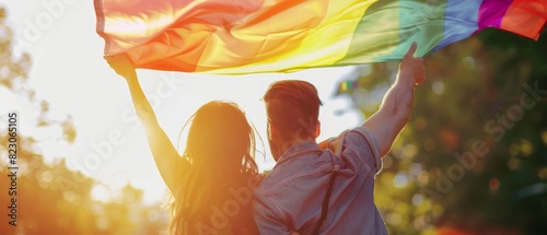 Couple holding a rainbow flag, sunlight filtering through to create a colorful scene, against a backdrop of clear skies, showing pride photo