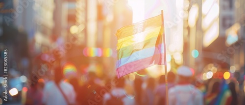 Festive pride parade with a prominent rainbow flag, sunny cityscape, indistinct participants