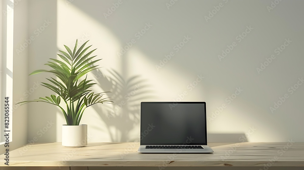 Modern Minimalist Workspace with Laptop and Plant on Wooden Desk | Clean White Background for Productivity Modern Minimalist Workspace with Laptop and Plant on Wooden Desk | Clean White Background for Productivity