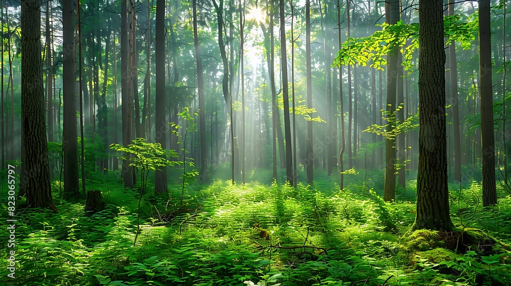 Obraz premium Tranquil Sunlit Forest: Captivating Nature Scene with Lush Greenery and Sunbeams Filtering Through Tall Trees