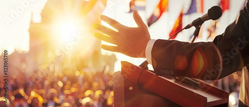 Hands of a leader raised in a passionate gesture during an Independence Day speech, national flags blurred in the background with a golden sunlight lens flare photo