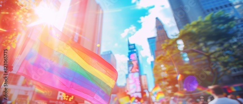 Joyful pride parade scene with a prominent rainbow flag, cityscape basked in sunlight, blurred participants