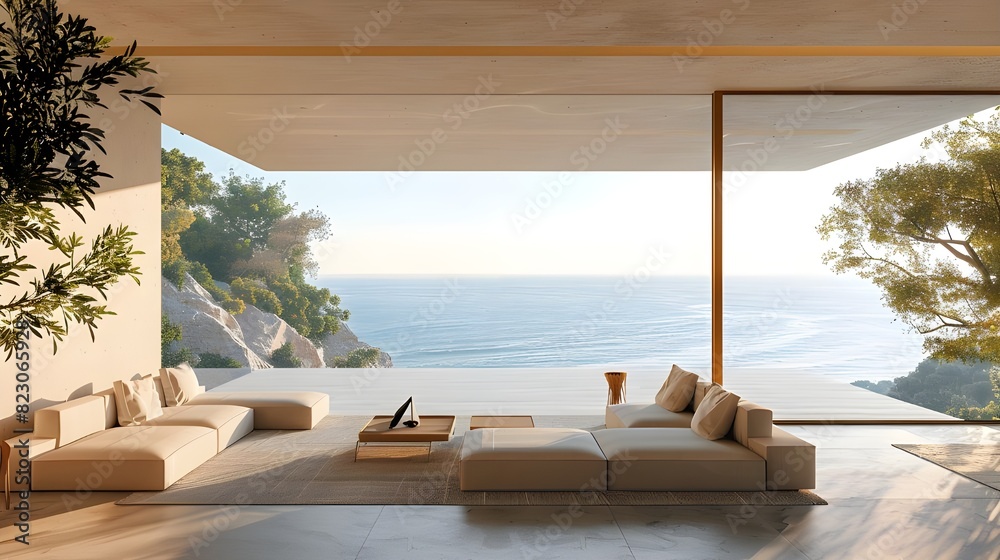 Luxury architecture, ocean front property landscape. Modern living room ...