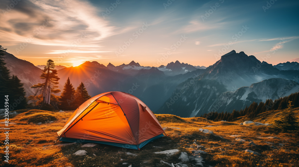 Camping tent high in the mountains. tourist tent camping in mountains at sunset