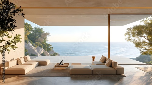 Luxury architecture  ocean front property landscape. Modern living room interior design with sleek contemporary designer furniture  minimalist decor large windows  panoramic coastal view background.