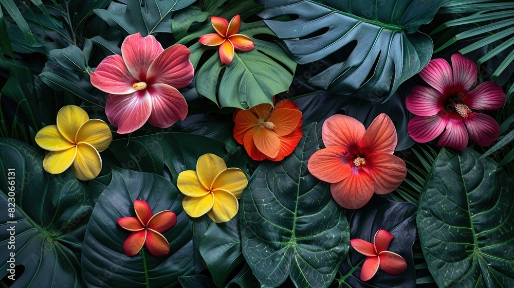 Tropical flowers with vibrant colors and lush leaves Tropical flowers with vibrant colors and lush leaves