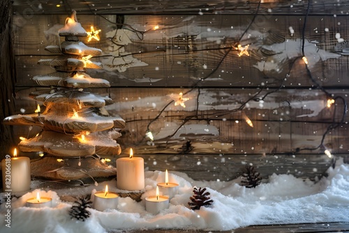 Christmas Background with Candles and Wooden Decorations