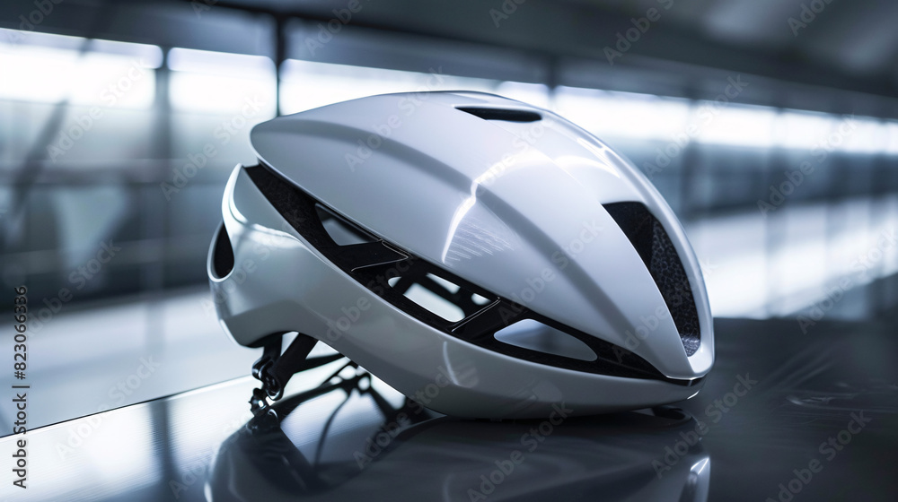 Fototapeta premium White bicycle helmet on glass table. Sleek and modern white bicycle helmet, emphasizing safety and style for cyclists.