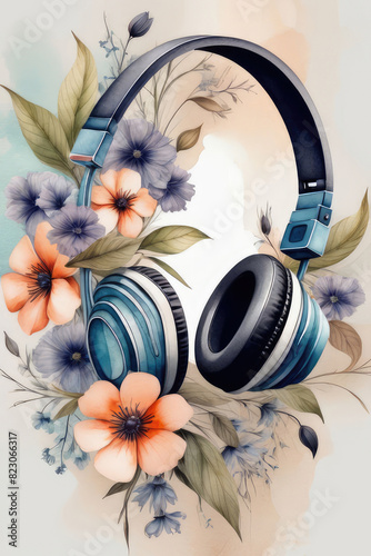 Headphones decorated with bouquet of vibrant flowers, vintage painting.