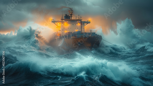container ship in the ocean accident with a ship with containers floating very big waves around,generative ai © Suralai